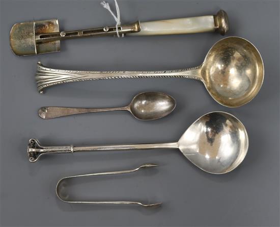 A George III silver and mother of pearl handled stilton scoop, Birmingham 1808 and four other items.